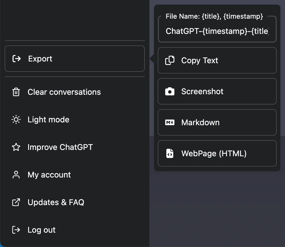 ChatGPT Exporter dropdown with export, copy text, screenshot, markdown and HTML options